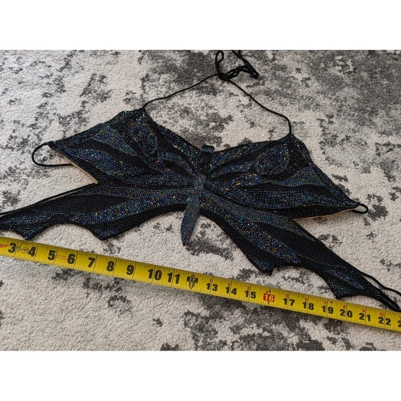 Vintage Y2K Black Irradescent Butterfly Beaded Halter Top Cropped Tie Back - Picture 9 of 11